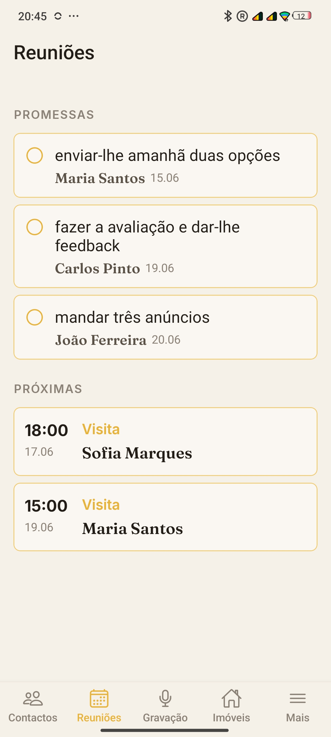 Lista de promessas por cumprir e próximas visitas agendadas.